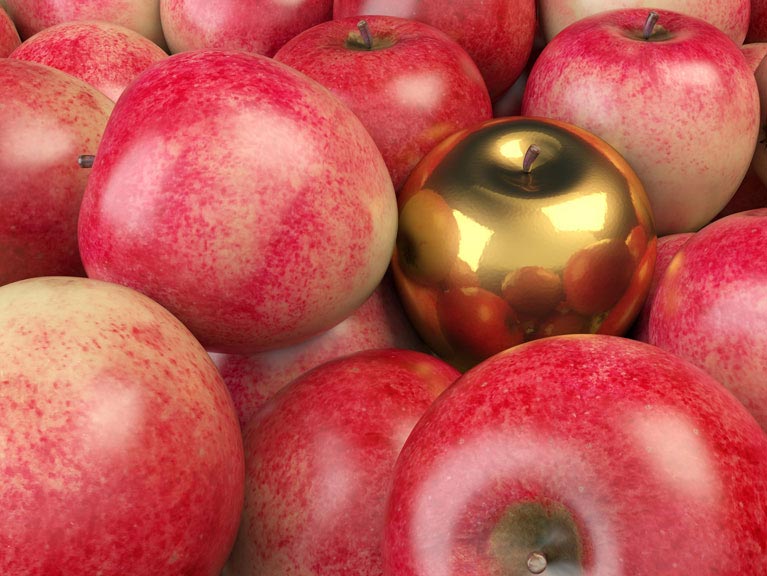 A golden apple among many red apples